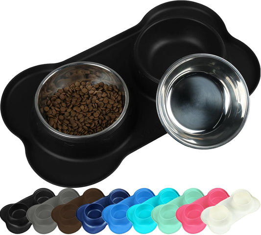 Dog Bowls, Dog Food Bowls, Stainless Steel Cat Puppy Water Bowls with Non Spill Skid Resistant Silicone Mat, Medium, Black