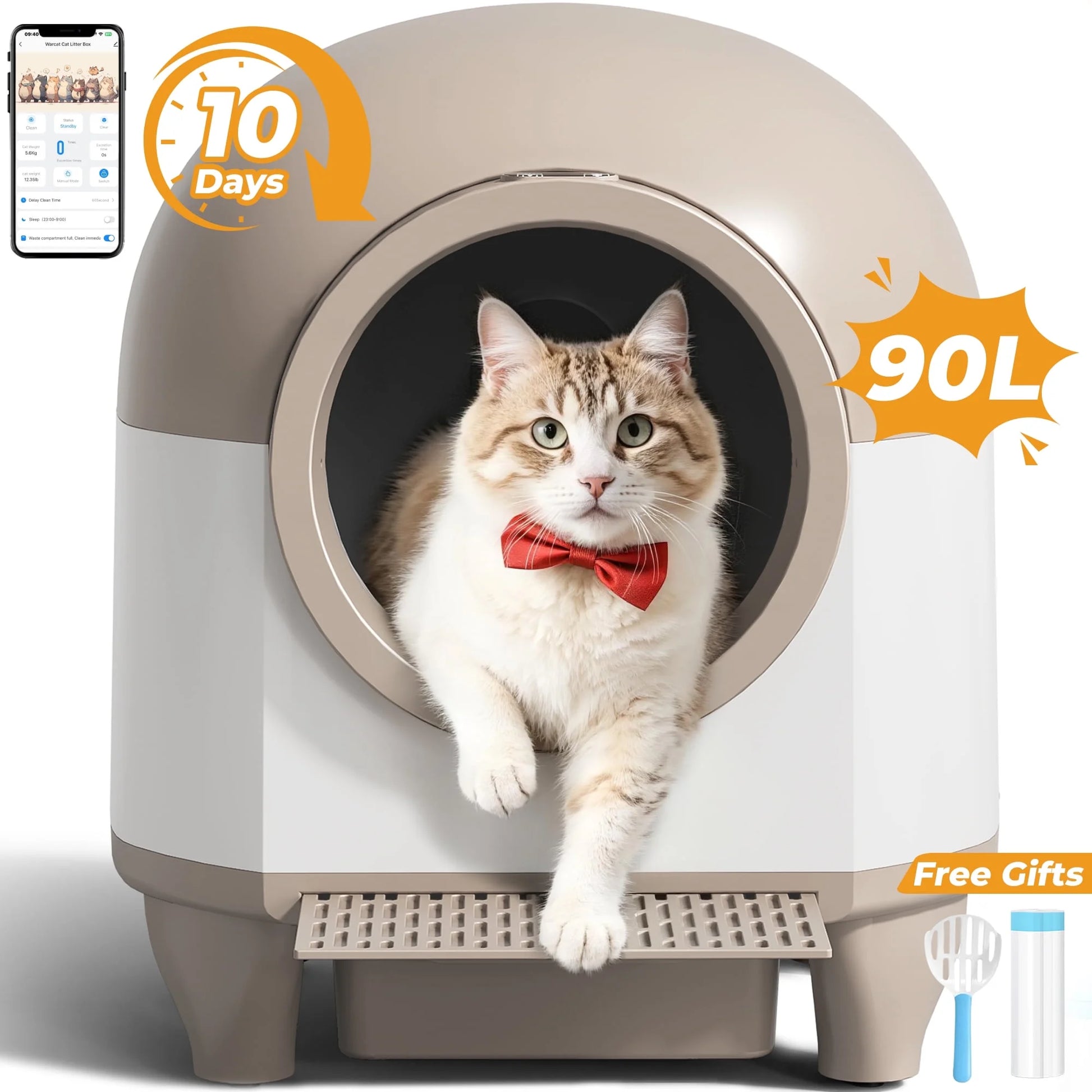 Self-Cleaning Cat Litter Box with Mat – Automatic Litter Box for Multiple Cats, Featuring Safety Protection and App Control, Includes a Complimentary Garbage Bag, Brown
