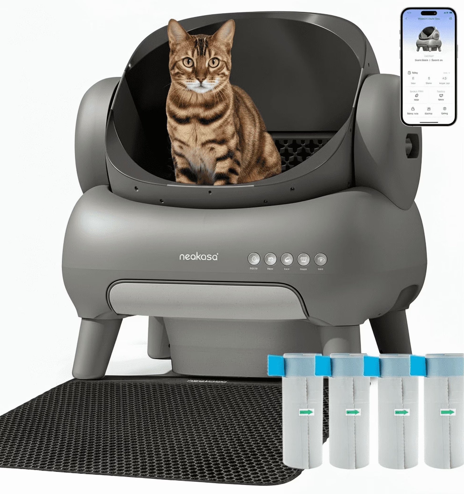 M1 plus Self Cleaning Cat Litter Box Bundle +Replaced Waste Bags-4 Rolls, Automatic Cat Litter Box with App Control, Open-Top, Odor-Free Waste Disposal