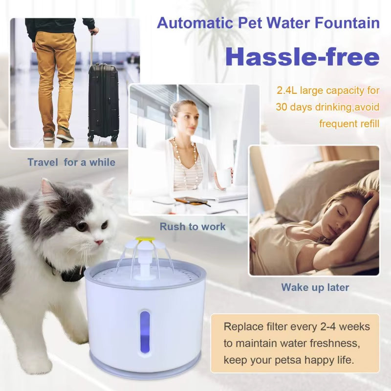 2.4L Pet Cat Silent Water Dispenser DC Water Pump LED Window Activated Filter Carbon Feeder USB Interface Drinking Bowl