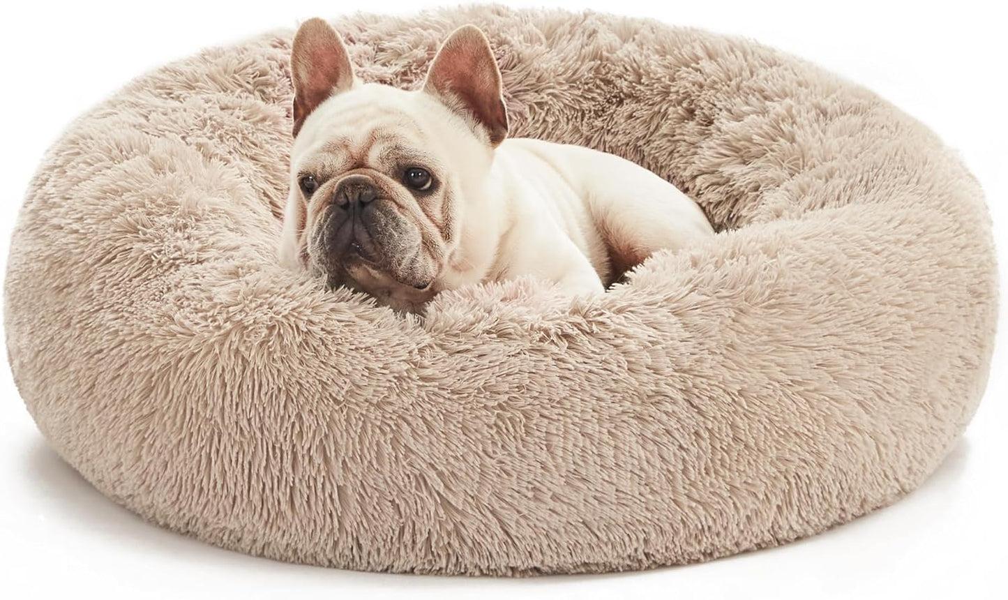 Calming Dog & Cat Bed, Cat Bed for Indoor Cats, Anti-Anxiety Donut round Bed, Fluffy Warming Pet Bed for Small Medium Dogs and Cats, Beige Taupe 20"/24"