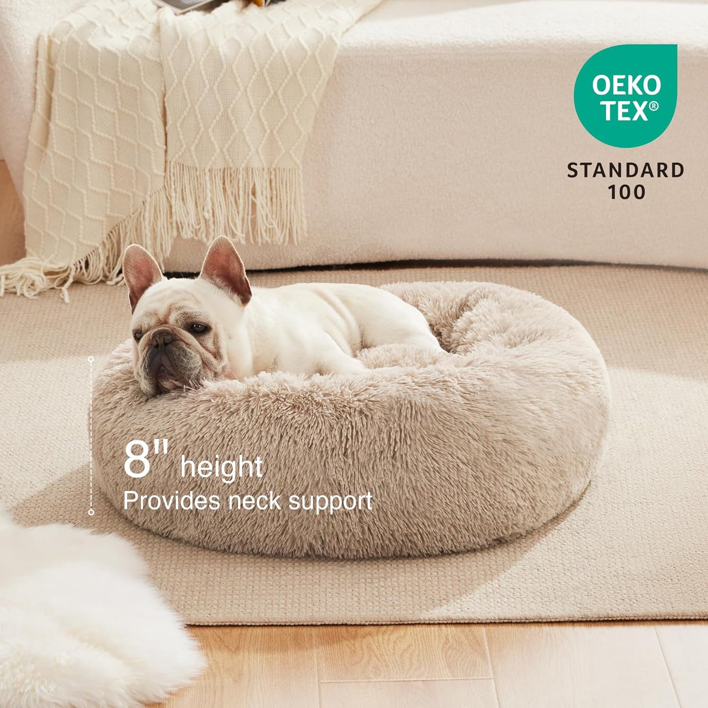 Calming Dog & Cat Bed, Cat Bed for Indoor Cats, Anti-Anxiety Donut round Bed, Fluffy Warming Pet Bed for Small Medium Dogs and Cats, Beige Taupe 20"/24"