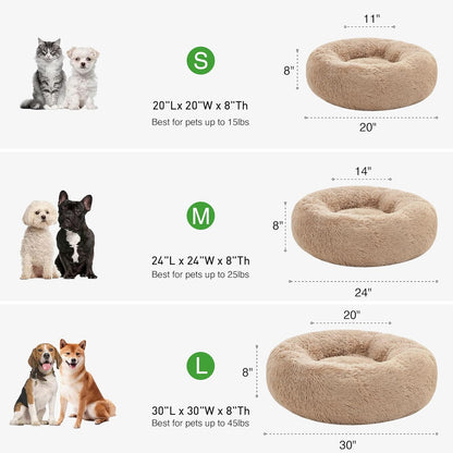 Calming Dog & Cat Bed, Cat Bed for Indoor Cats, Anti-Anxiety Donut round Bed, Fluffy Warming Pet Bed for Small Medium Dogs and Cats, Beige Taupe 20"/24"