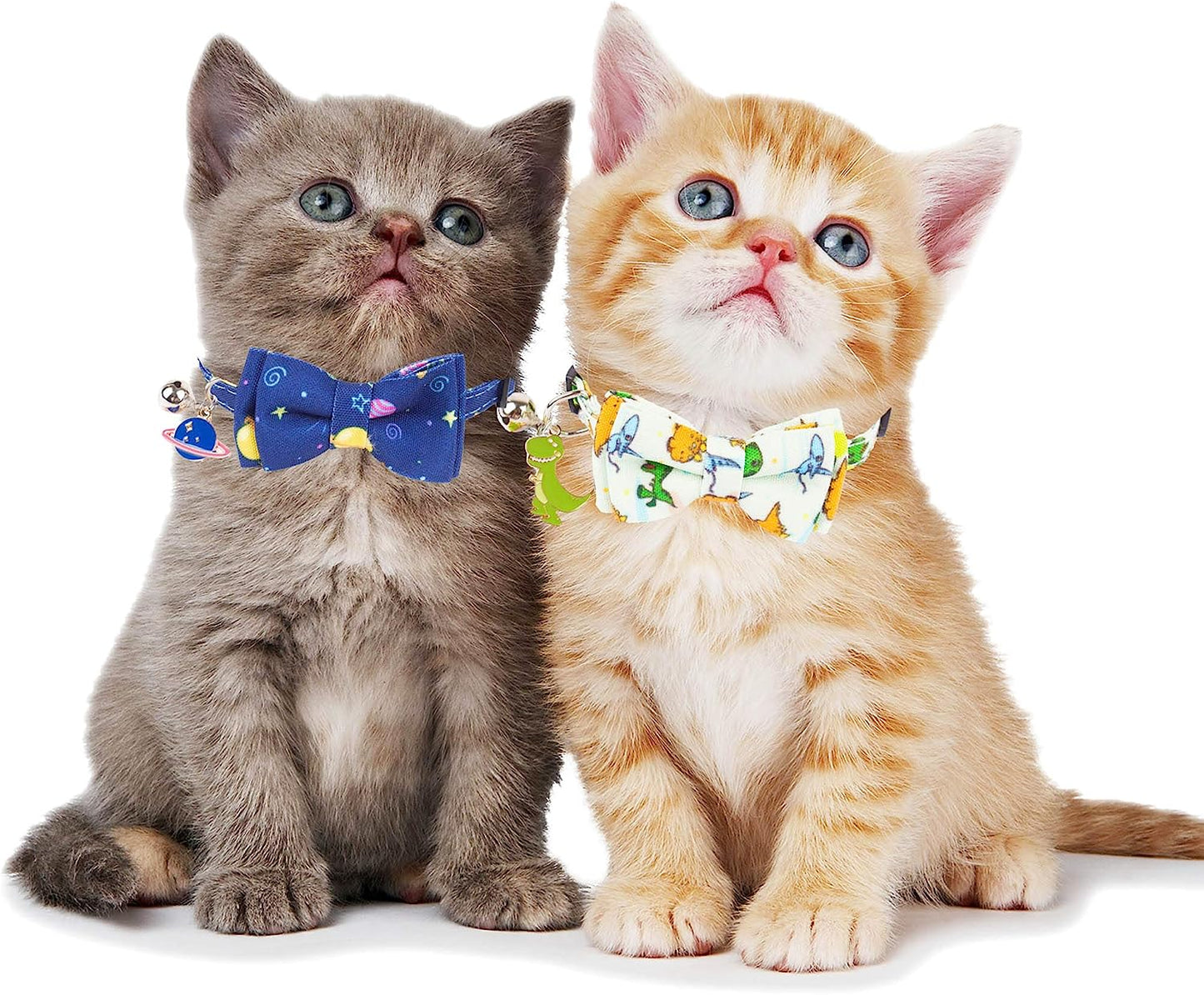 Cat Collar Breakaway with Cute Bow Tie Bell, 2 Pack Kitten Collar with Removable Bowtie, Universe Dinosaur Bowtie Collar for Cats (7.5"- 10.5")